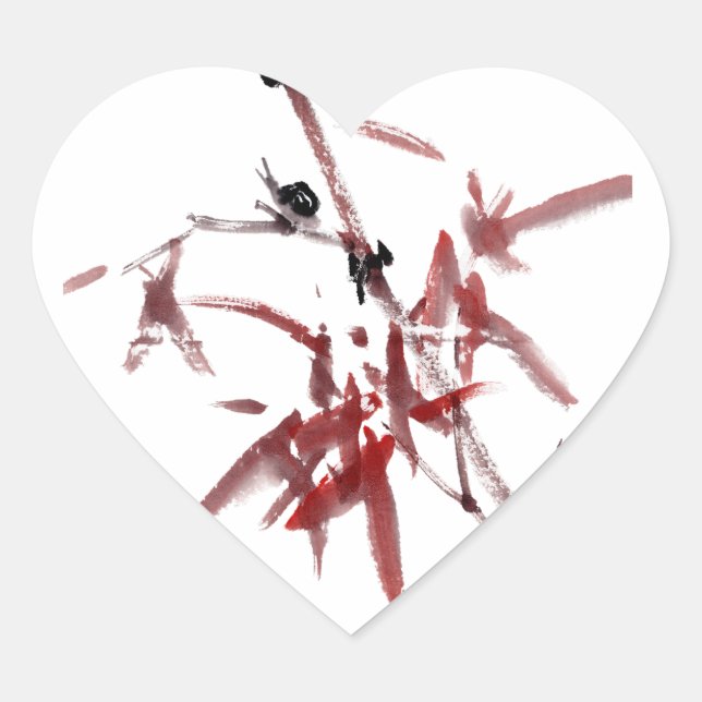 Asiatische Kunst mit Schnecke und Rotem Bambus Herz-Aufkleber (Vorderseite)