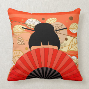 Asiatische Lady & Fan mit Herbstpilz Kissen
