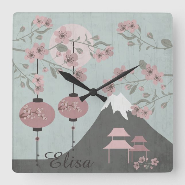 Asiatische Landschaftsblüte Kunst Quadratische Wanduhr (Vorderseite)