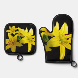 Asiatische Lilien auf schwarz Ofenhandschuh & Topflappen-Set