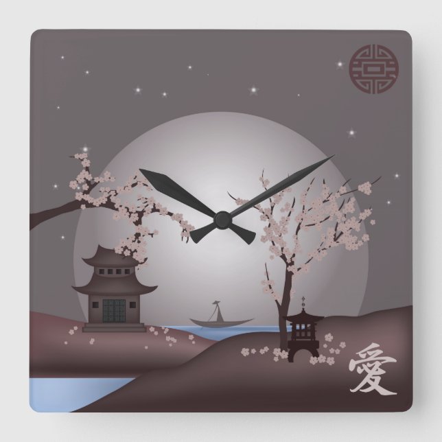 Asiatische Mondlandschaft Blüte rosa Quadratische Wanduhr (Vorderseite)