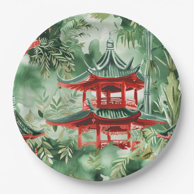 Asiatische Pagode in Verdant Landscape (14) Pappteller (Vorderseite)