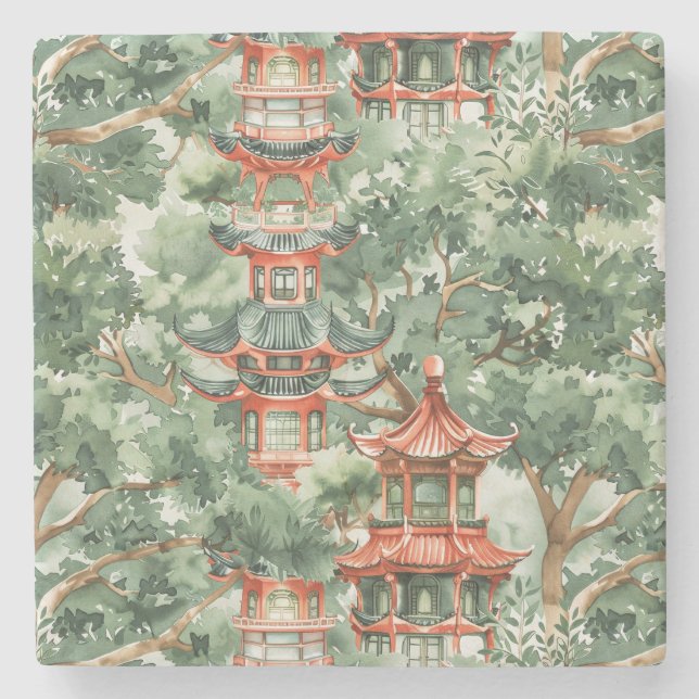 Asiatische Pagode in Verdant Landscape (17) Steinuntersetzer (Vorderseite)