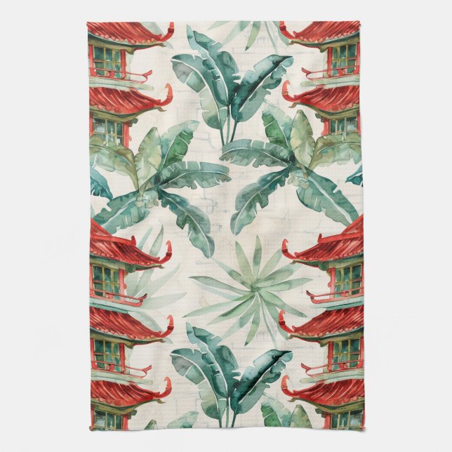 Asiatische Pagode in Verdant Landscape (2) Geschirrtuch (Vertikal)