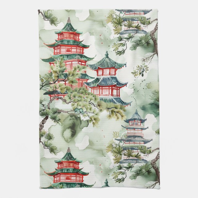 Asiatische Pagode in Verdant Landscape (4) Geschirrtuch (Vertikal)