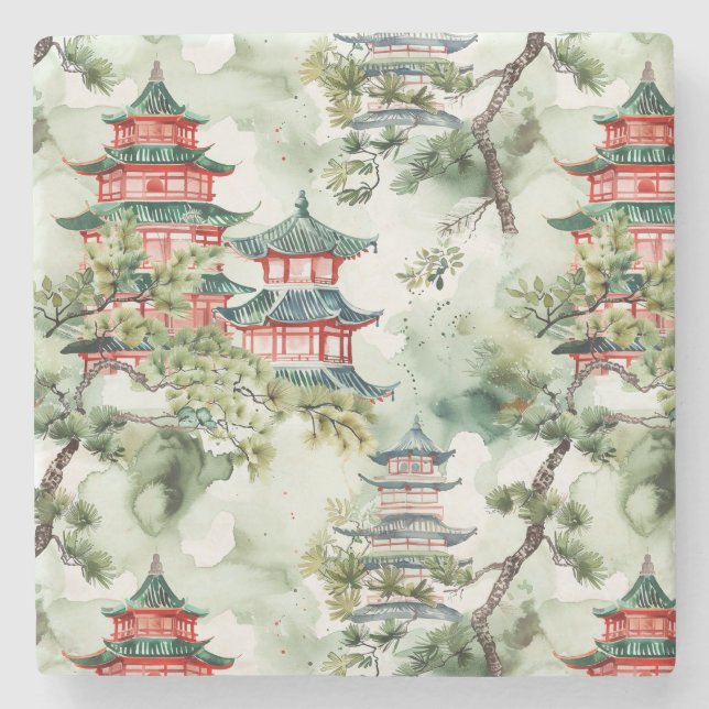 Asiatische Pagode in Verdant Landscape (4) Steinuntersetzer (Vorderseite)