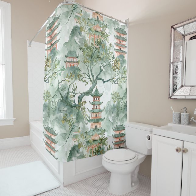 Asiatische Pagode in Verdant Landscape (5) Duschvorhang (Beispiel)