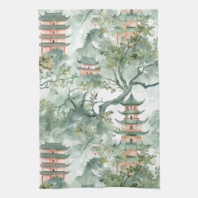 Asiatische Pagode in Verdant Landscape (5) Geschirrtuch (Vertikal)