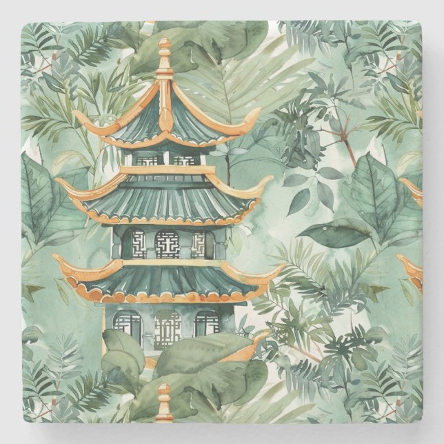 Asiatische Pagode in Verdant Landscape (6) Steinuntersetzer (Vorderseite)