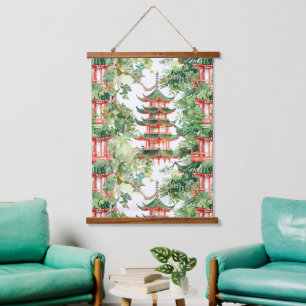 Asiatische Pagode in Verdant Landscape (9) Wandteppich Mit Holzrahmen