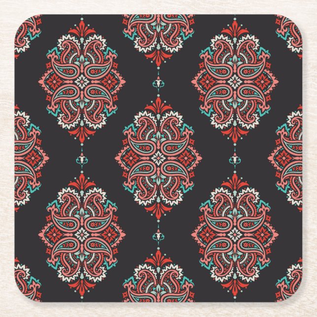 Asiatische Paisley-Elemente, boho Vintage Muster. Rechteckiger Pappuntersetzer (Vorderseite)