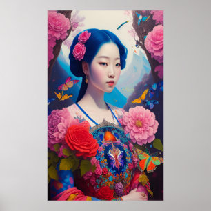 Asiatische Prinzessin mit blauem Haar Poster