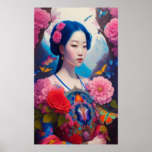 Asiatische Prinzessin mit blauem Haar Poster (Vorne)