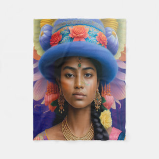 Asiatische Prinzessin mit großem blauen Hut Fleecedecke