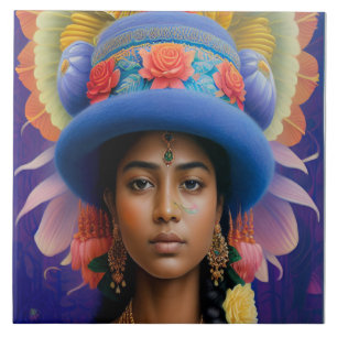 Asiatische Prinzessin mit großem blauen Hut Fliese