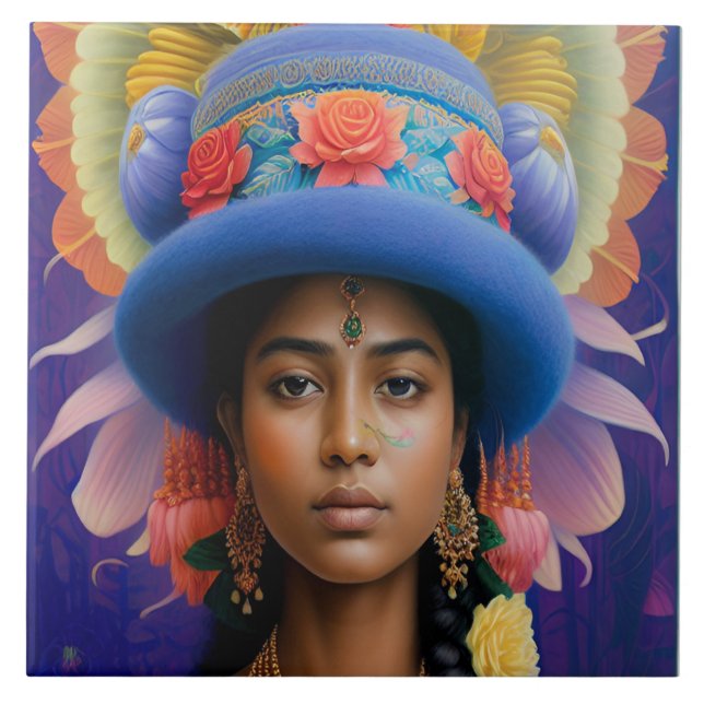 Asiatische Prinzessin mit großem blauen Hut Fliese (Vorderseite)