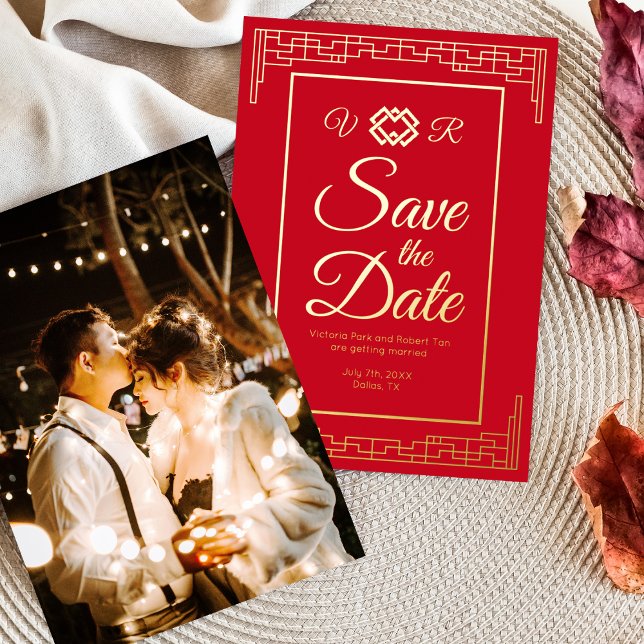 Asiatische Red Gold Foil Wedding Save the Date Fot Folieneinladung (Von Creator hochgeladen)