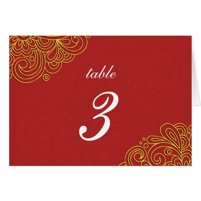 Asiatische Red Swirl Damask Wedding-Tischnummer (Vorderseite (Horizontal))