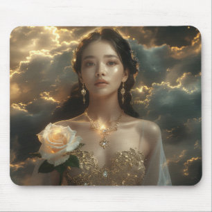Asiatische Schönheit mit weißer Rose Mousepad