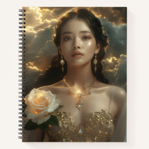Asiatische Schönheit mit weißer Rose Notizbuch