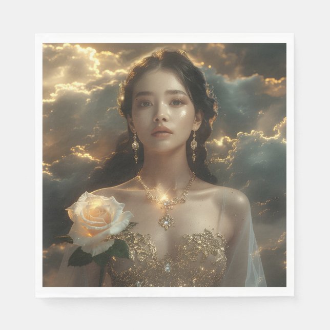 Asiatische Schönheit mit weißer Rose Serviette (Vorderseite)