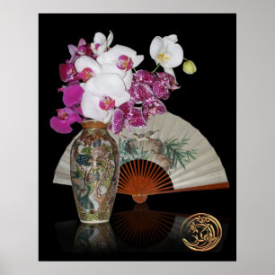 Asiatische Stillleben-Orchideen und bemalten Venti Poster
