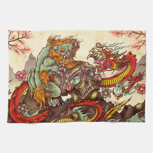 Asiatische Szene mit foo Hund und Drachen Geschirrtuch (Horizontal)