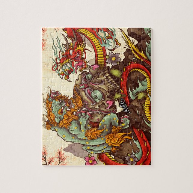 Asiatische Szene mit foo Hund und Drachen Puzzle (Vertikal)