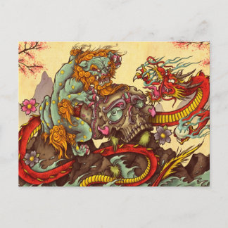 Asiatische Szene mit Foodog und Drache Postkarte