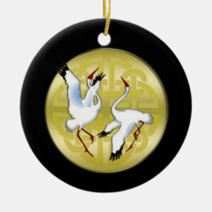 Asiatische Tanzen-Kräne auf goldenem Kreis Keramikornament