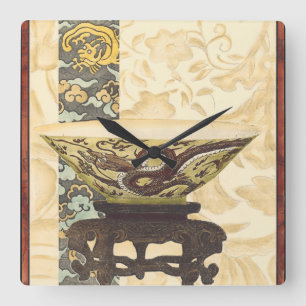 Asiatische Tapisserie mit Bowl- und Drachendesign Quadratische Wanduhr
