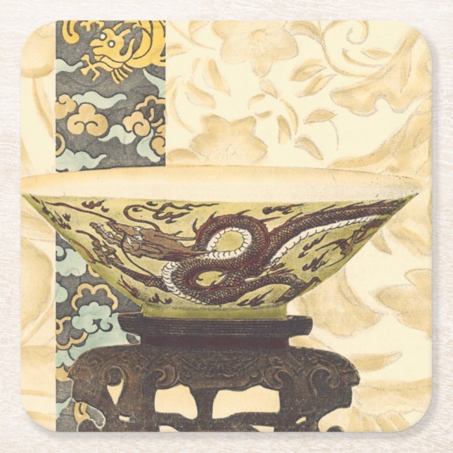 Asiatische Tapisserie mit Bowl- und Drachendesign Rechteckiger Pappuntersetzer (Vorderseite)