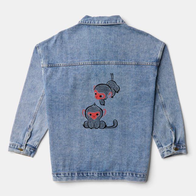 Asiatischer Affe Duo: Sitzen und Klettern Jeansjacke (Rückseite)