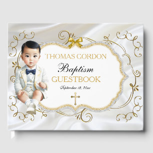 Asiatischer Babyjunge Taufe Christening Weiß & Gol Gästebuch