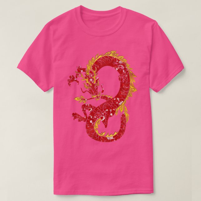Asiatischer chinesischer Drache in Rot und Gold De T-Shirt (Design vorne)