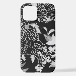 Asiatischer Drache - Black on Black Floral iPhone 12 Hülle