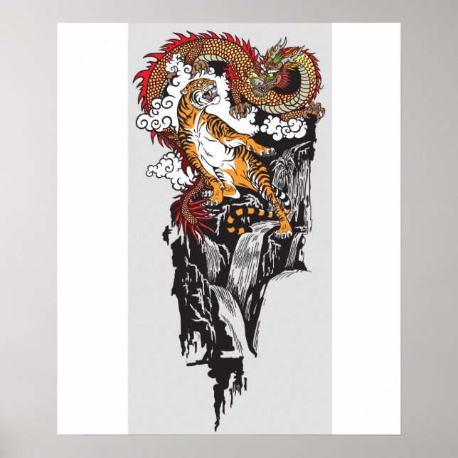 Asiatischer Drache gegen Tiger. Graphic ART Poster (Vorne)