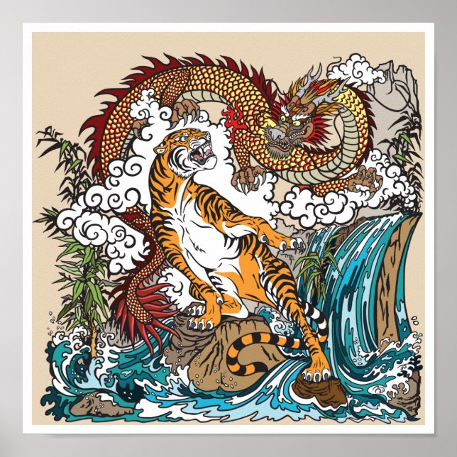 Asiatischer Drache gegen Tiger. Graphic ART Poster (Vorne)