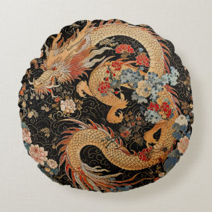 Asiatischer Drache mit Blume rund Kissen