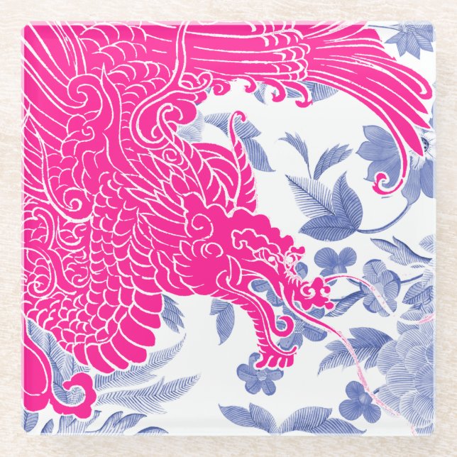 Asiatischer Drache - Rosa und Weiß auf blauer Flor Glasuntersetzer (Vorderseite)
