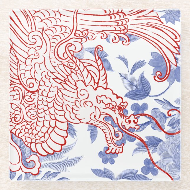 Asiatischer Drache - Rot und Weiß auf blauer Flora Glasuntersetzer (Vorderseite)