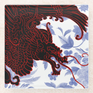 Asiatischer Drache - Schwarz und Rot auf blauer Fl Glasuntersetzer