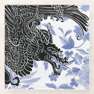 Asiatischer Drache - Schwarz und Weiß auf blauer F Glasuntersetzer