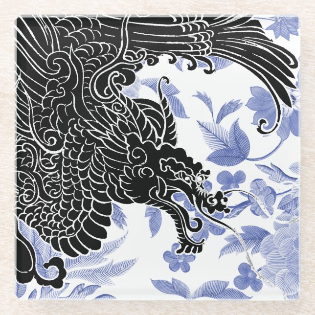 Asiatischer Drache - Schwarz und Weiß auf blauer F Glasuntersetzer (Vorderseite)