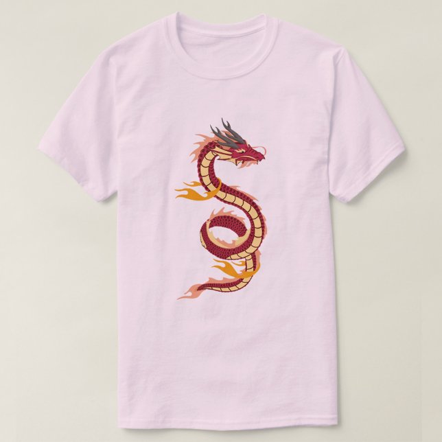 Asiatischer Drache T-Shirt (A pink t-shirt with a red and yellow dragon design on the front. The dragon is coiled in an S-shape.)
