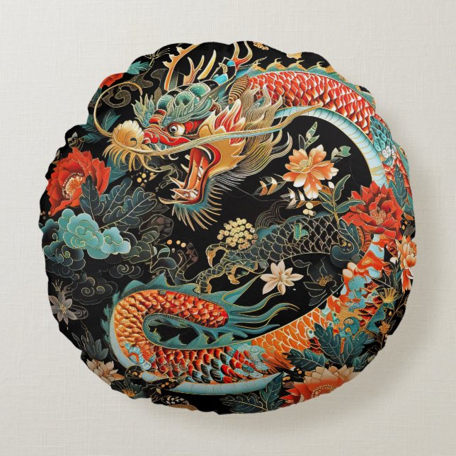 Asiatischer Drache und Blume Rundkissen Rundes Kissen (Vorderseite)