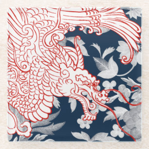 Asiatischer Drache - Weiß und Rot auf Blauer Flora Glasuntersetzer