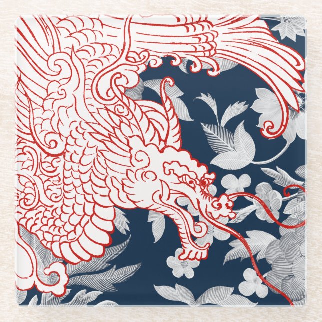 Asiatischer Drache - Weiß und Rot auf Blauer Flora Glasuntersetzer (Vorderseite)