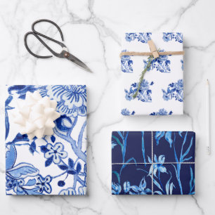 Asiatischer Einfluss Chinoiserie Navy Blue White F Geschenkpapier Set