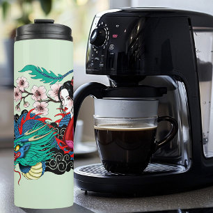 Asiatischer Geisha-Drache Kirschblüten Blau Thermosbecher